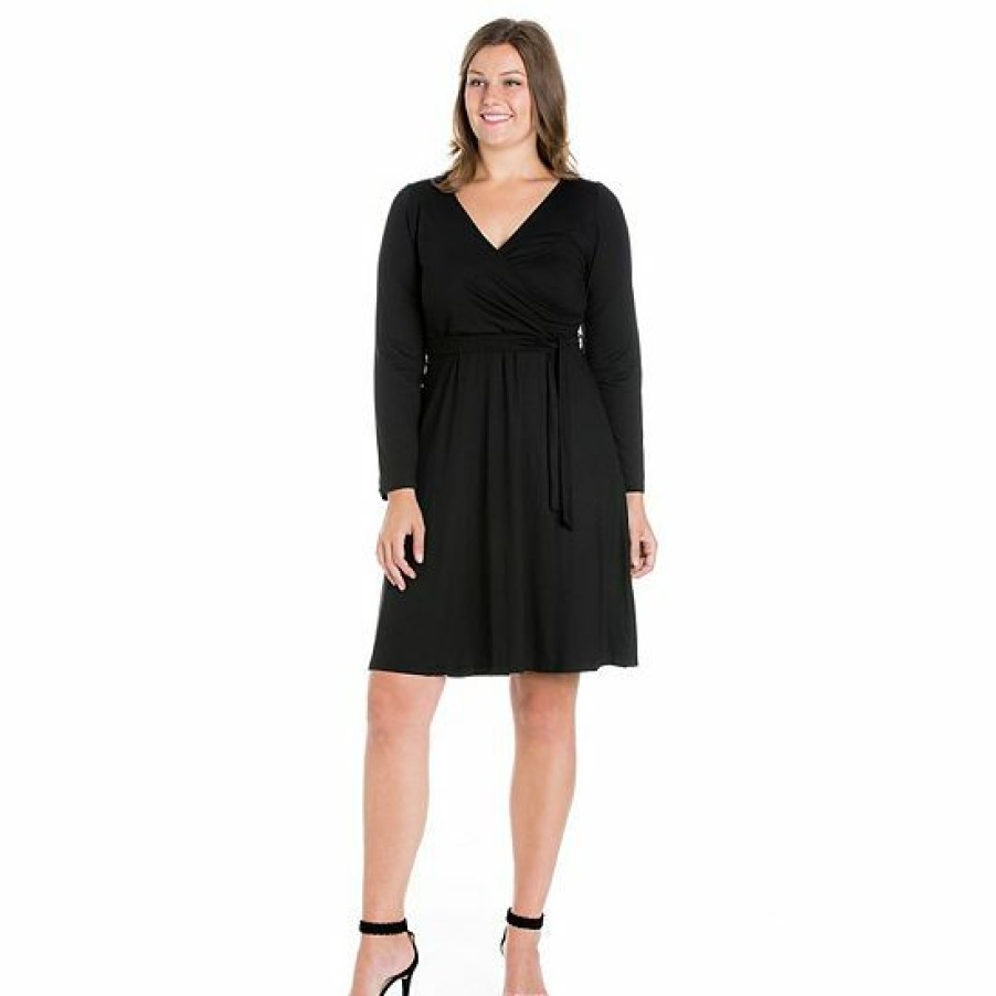 Womens * | Plus Size 24Seven Comfort Apparel Chic V-Neck Long Sleeve Belted Dress