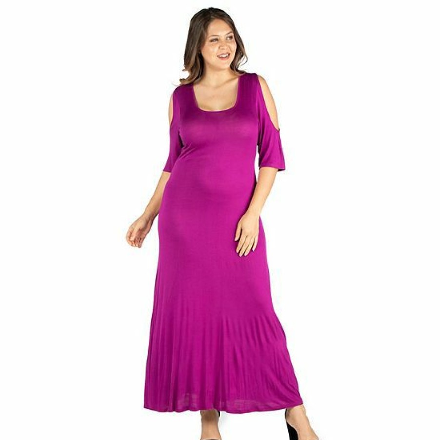 Womens * | Plus Size 24Seven Comfort Apparel Elbow Length Sleeve Cold Shoulder Maxi Dress Magenta