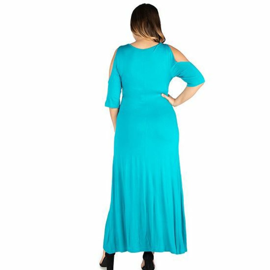 Womens * | Plus Size 24Seven Comfort Apparel Elbow Length Sleeve Cold Shoulder Maxi Dress Magenta