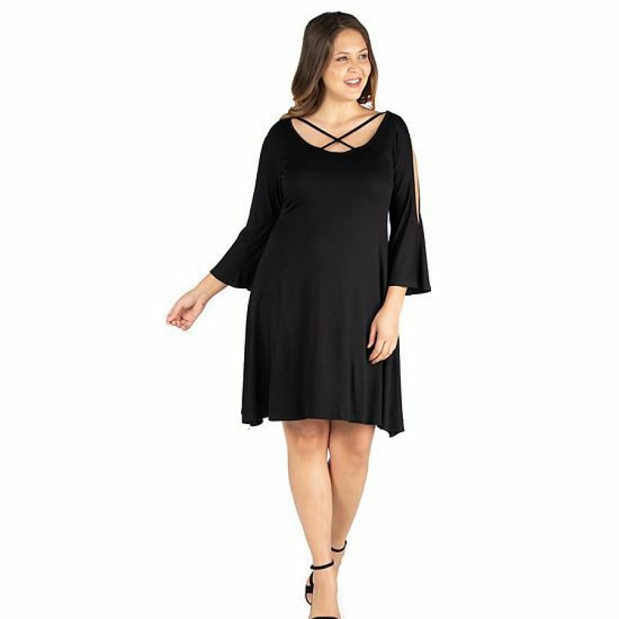 Womens * | Plus Size 24Seven Comfort Apparel Criss Cross Neckline Cold Shoulder Dress