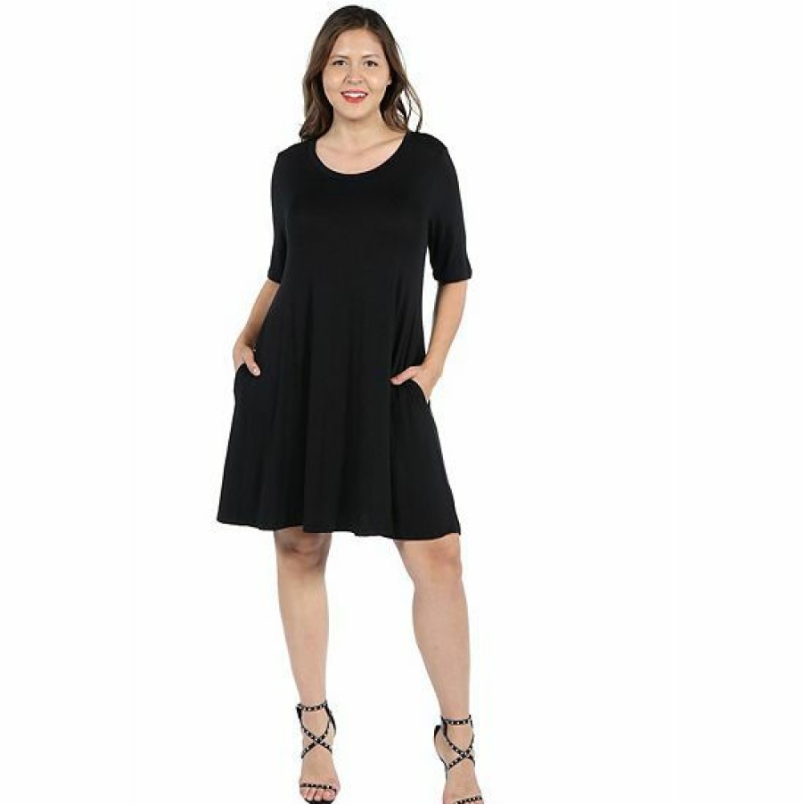 Womens * | Plus Size 24Seven Comfort Apparel Knee Length Pocket T-Shirtdress Black