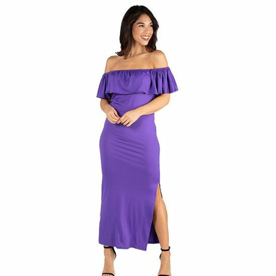 Womens * | Women'S 24Seven Comfort Apparel Off-The-Shoulder Ruffled Side Slit Maxi Dress