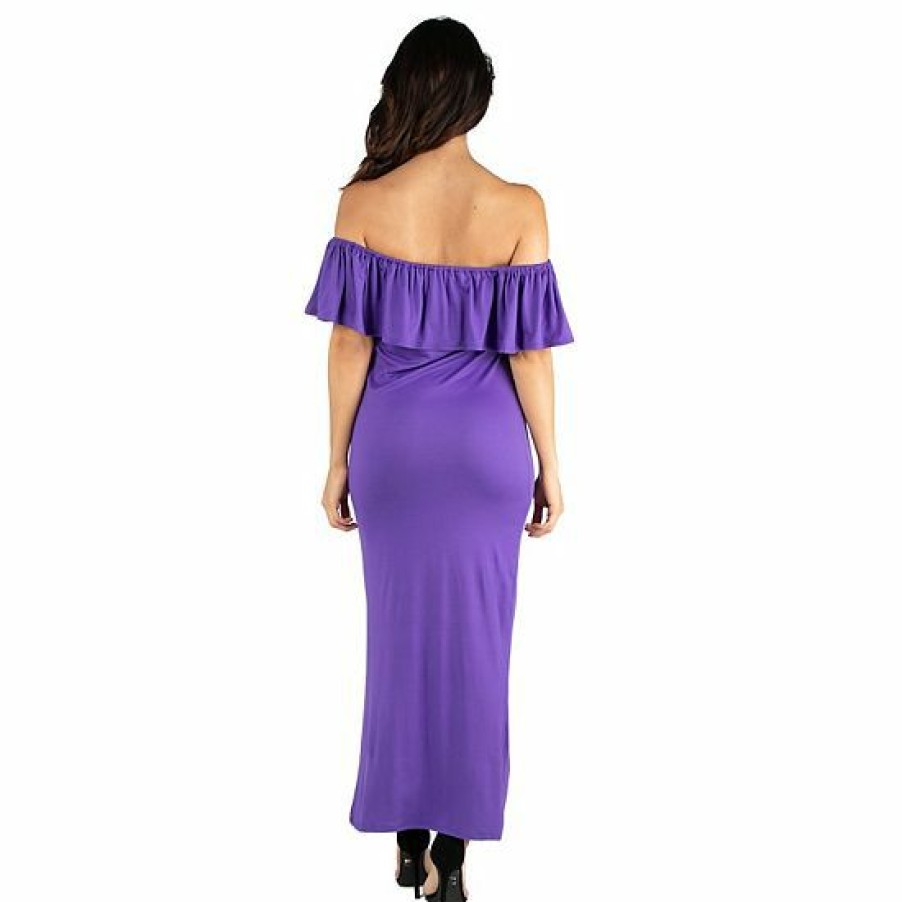 Womens * | Women'S 24Seven Comfort Apparel Off-The-Shoulder Ruffled Side Slit Maxi Dress