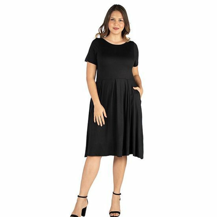 Womens * | Plus Size 24Seven Comfort Apparel Short Sleeve Midi Skater Dress With Pockets