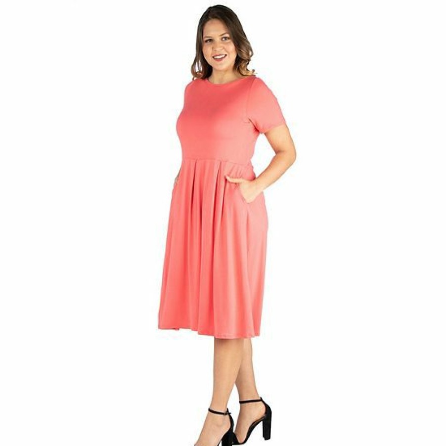 Womens * | Plus Size 24Seven Comfort Apparel Short Sleeve Midi Skater Dress With Pockets