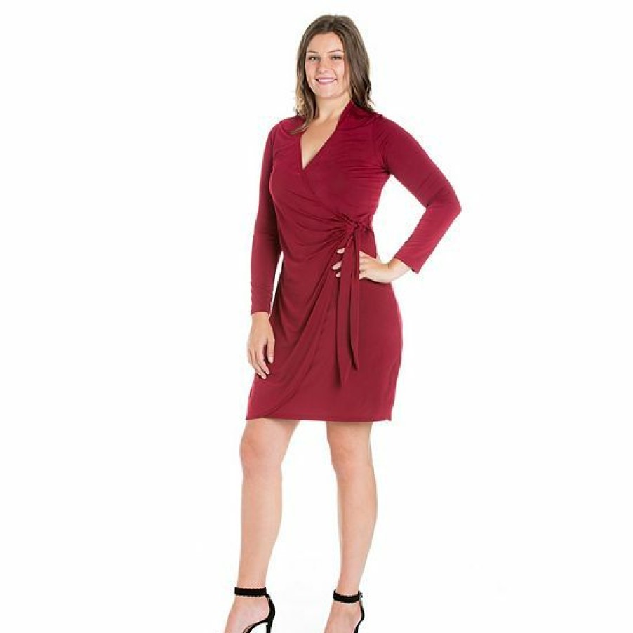 Womens * | Plus Size 24Seven Comfort Apparel Long Sleeve V-Neck Mini Wrap Dress