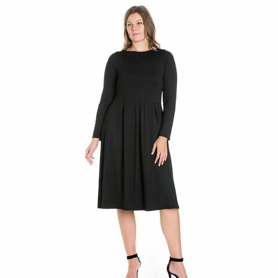 Womens * | Plus Size 24Seven Comfort Apparel Long Sleeve Fit And Flare Midi Dress