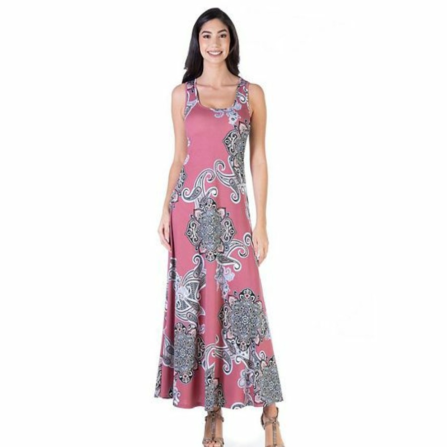 Womens * | Women'S 24Seven Comfort Apparel Paisley Casual Maxi Dress Pink Gray