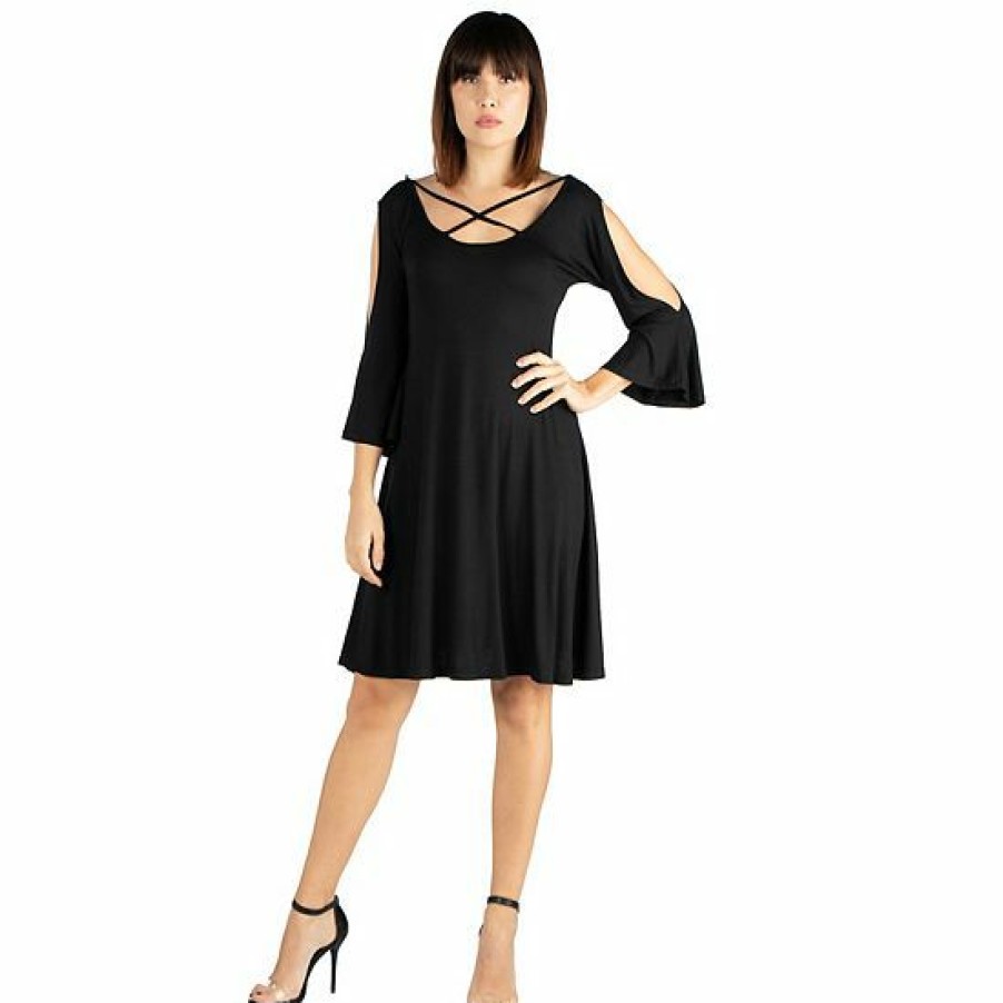 Womens * | Women'S 24Seven Comfort Apparel Knee Length Fit & Flare Cold Shoulder Dress