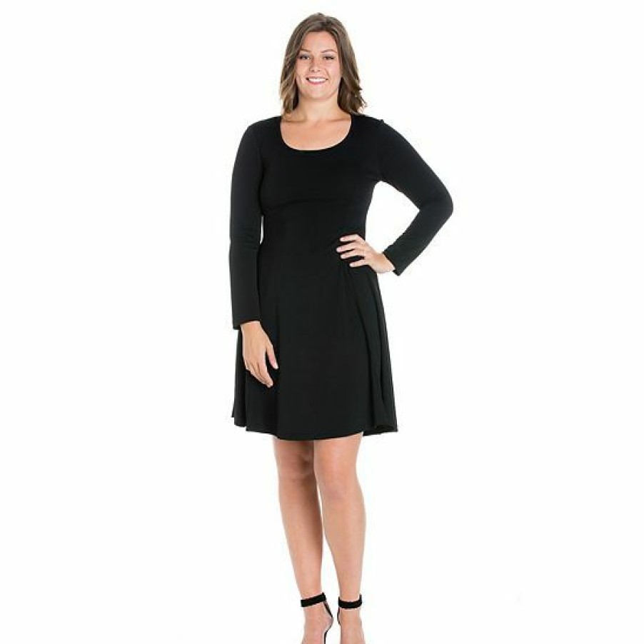 Womens * | Plus Size 24Seven Comfort Apparel Long Sleeve Knee Length Skater Dress