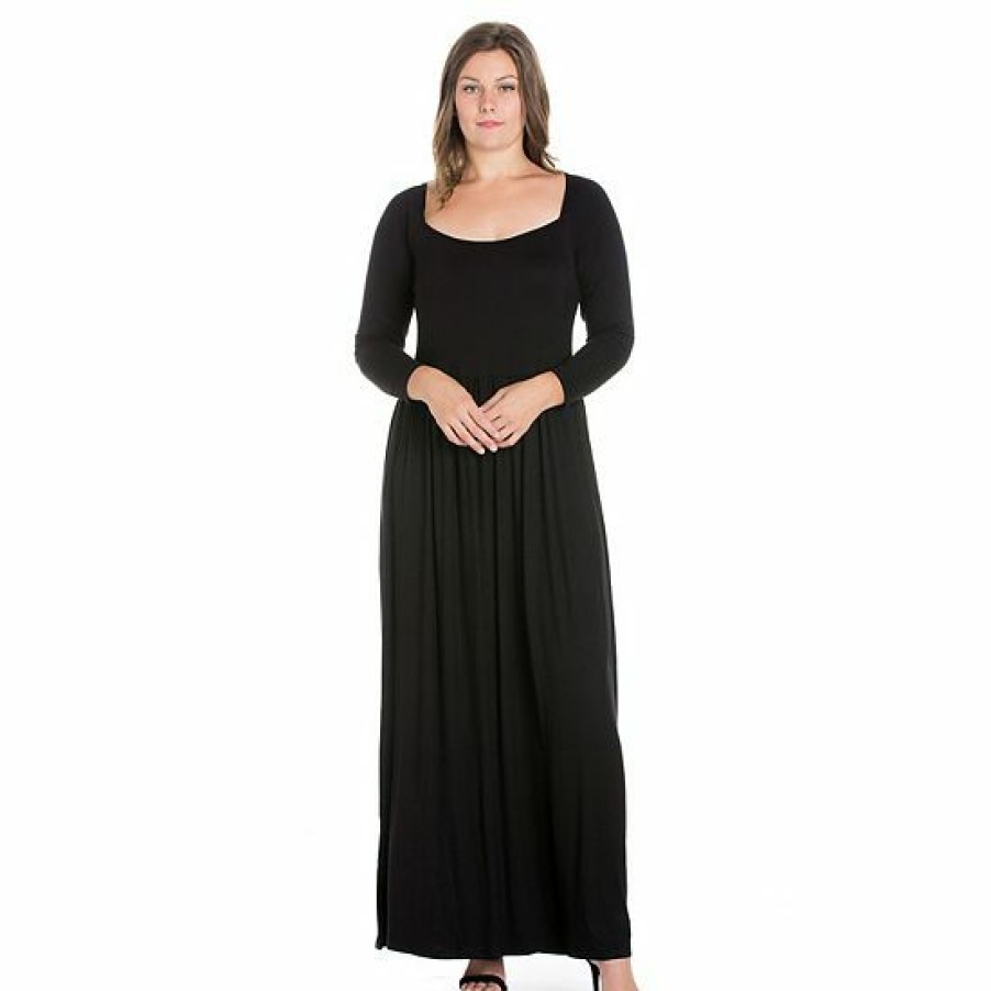 Womens * | Plus Size 24Seven Comfort Apparel Empire Waist Long Sleeve Pleated Maxi Dress