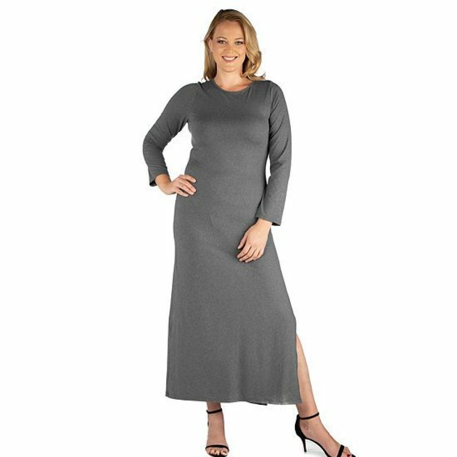 Womens * | Plus Size 24Seven Comfort Apparel Long Sleeve Side Slit Fitted Maxi Dress