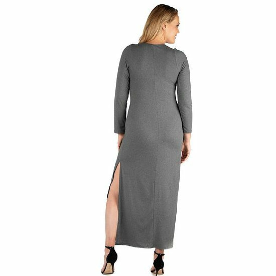 Womens * | Plus Size 24Seven Comfort Apparel Long Sleeve Side Slit Fitted Maxi Dress