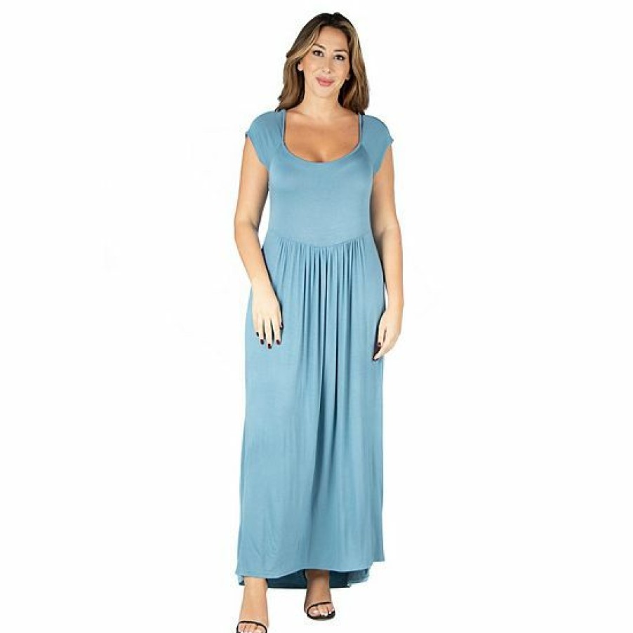 Womens * | Plus Size 24Seven Comfort Apparel Cap Sleeve Pleated Empire Waist Maxi Dress