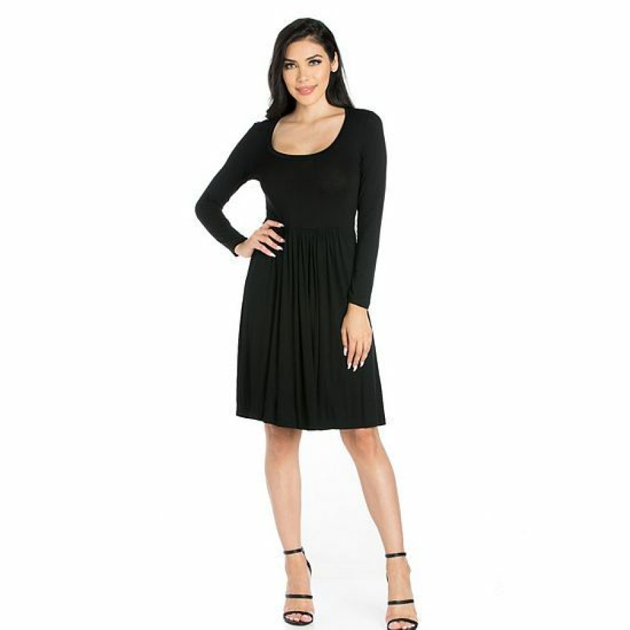 Womens * | Women'S 24Seven Comfort Apparel Scoopneck Long Sleeve Pleated Dress