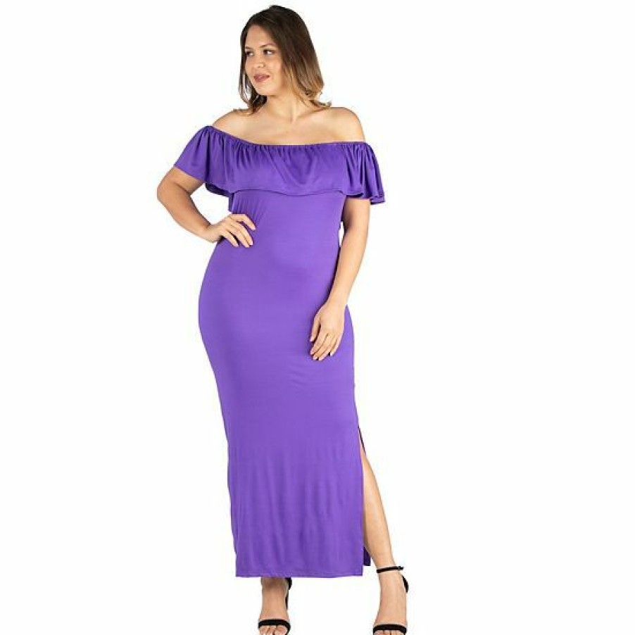 Womens * | Plus Size 24Seven Comfort Apparel Ruffled Off-The-Shoulder Maxi Dress