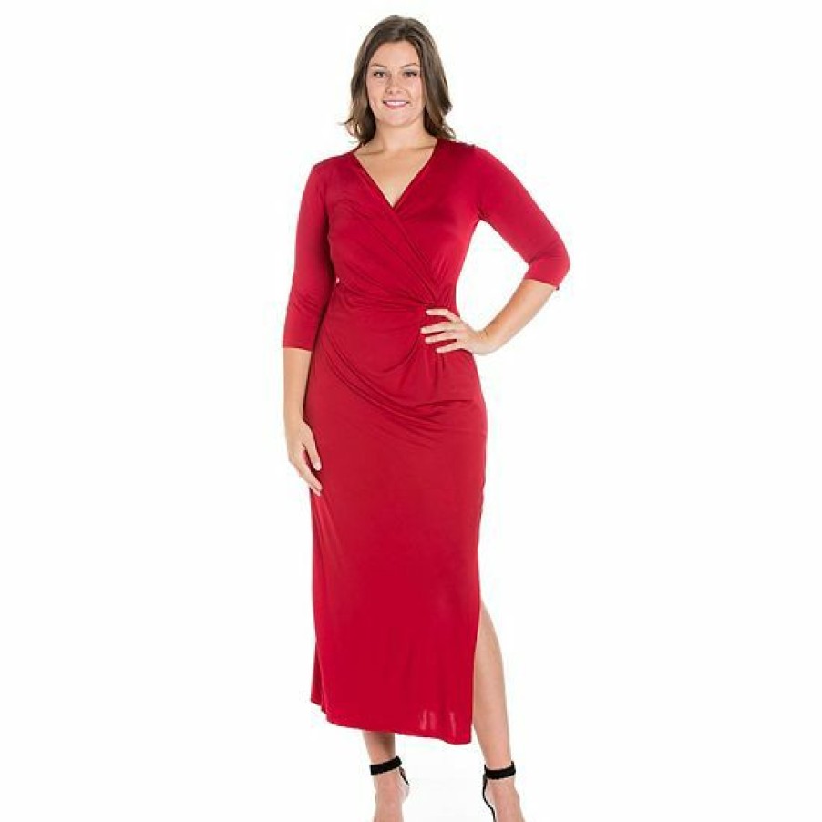 Womens * | Plus Size 24Seven Comfort Apparel Fitted V-Neck Side Slit Maxi Dress