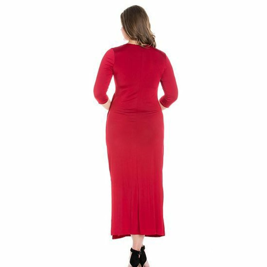 Womens * | Plus Size 24Seven Comfort Apparel Fitted V-Neck Side Slit Maxi Dress