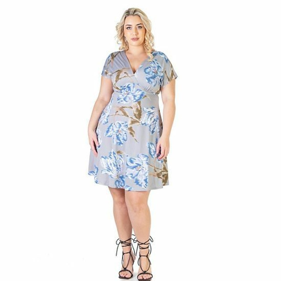 Womens * | Plus Size 24Seven Comfort Apparel Floral Knee Length Empire Waist Dress