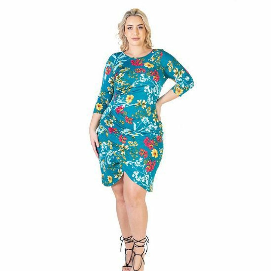 Womens * | Plus Size 24Seven Comfort Apparel Elbow Sleeve Ruched Knee Length Dress