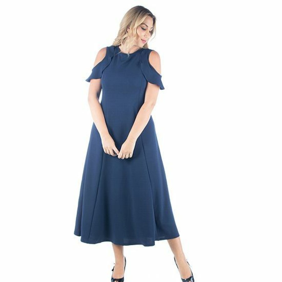 Womens * | Plus Size 24Seven Comfort Apparel Ruffle Cold Shoulder A-Line Maxi Dress